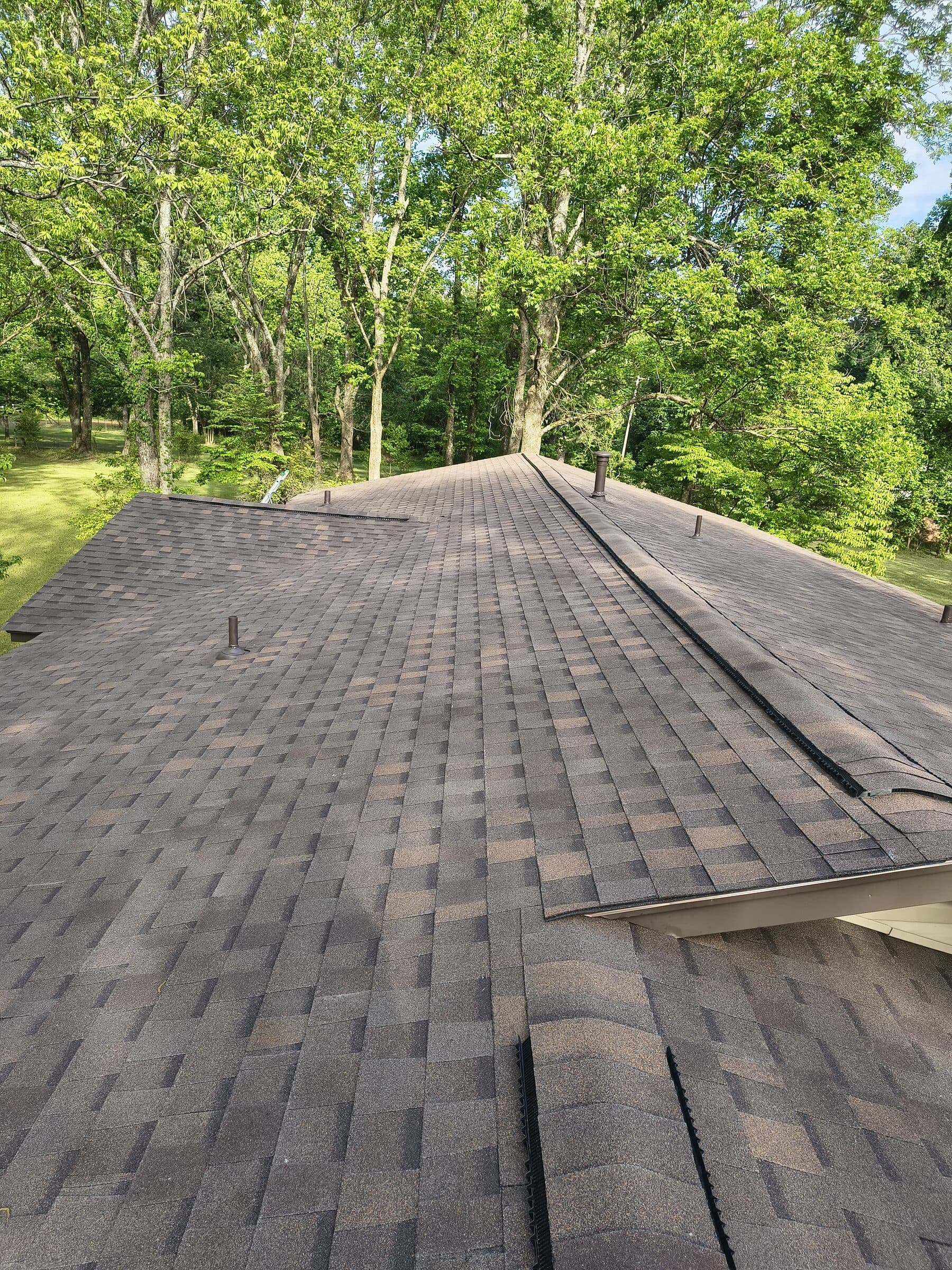 Dark architectural shingle roof peak surrounded by trees