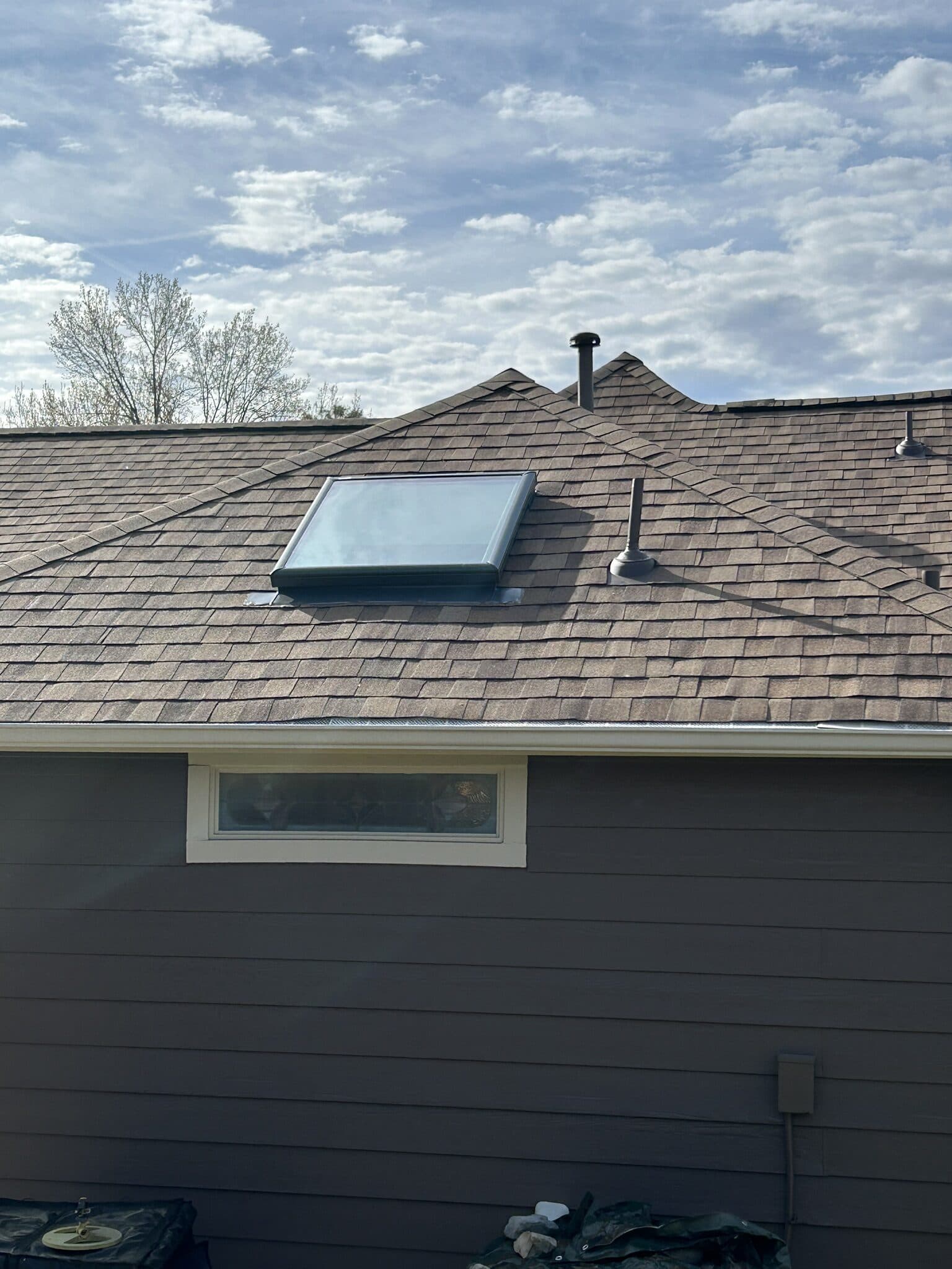 Dark roof with a skylight on a dark painted home
